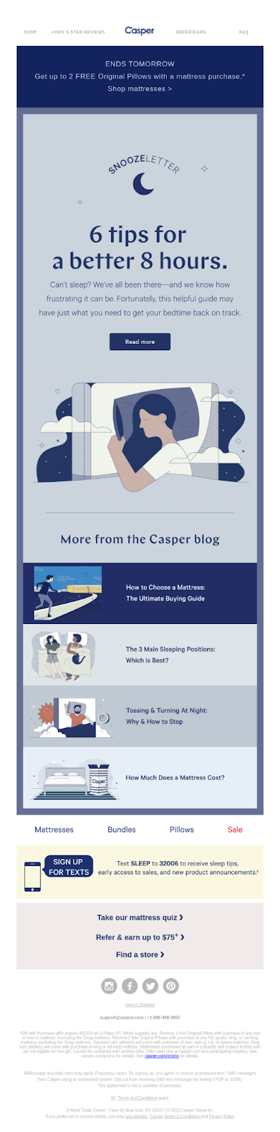 Casper sleep brand educational email showing sleep tips and product recommendations to increase customer lifetime value